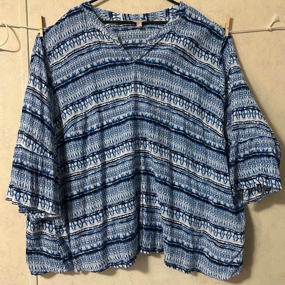 Woman Within Blue and White 3/4 Sleeve Boxy Blouse